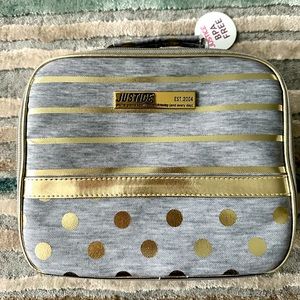 NWT Justice girls grey and gold polka dot lunch box